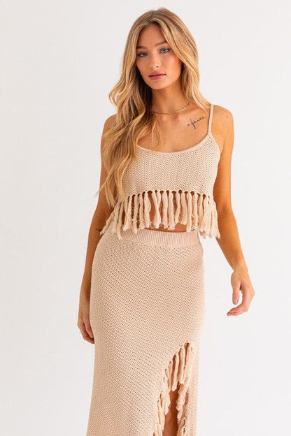 Tassel Detail Spaghetti Sweater Crop Top NATURAL by LE LIS | Fleurcouture