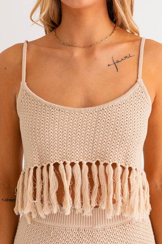 Tassel Detail Spaghetti Sweater Crop Top NATURAL by LE LIS | Fleurcouture