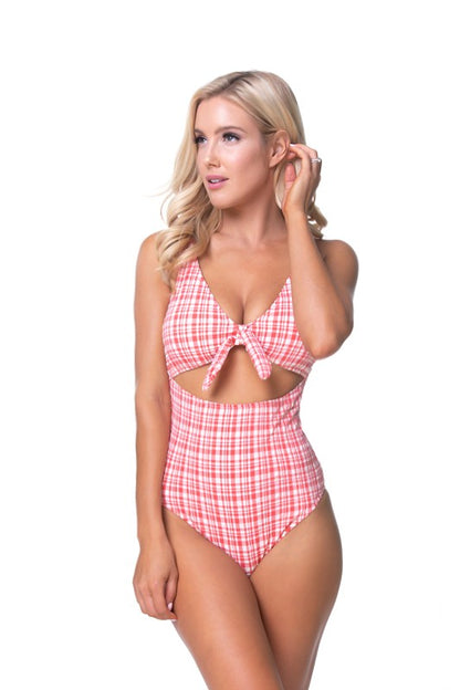 TEEXTURED PLAID CUTOUT ONE PIECE SWIMSUIT Plaid by Beach Joy Bikini | Fleurcouture