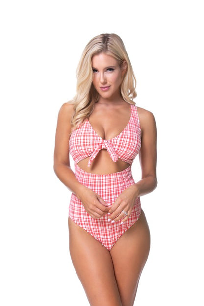 TEEXTURED PLAID CUTOUT ONE PIECE SWIMSUIT Plaid by Beach Joy Bikini | Fleurcouture