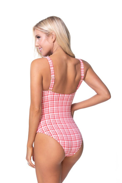 TEEXTURED PLAID CUTOUT ONE PIECE SWIMSUIT Plaid by Beach Joy Bikini | Fleurcouture