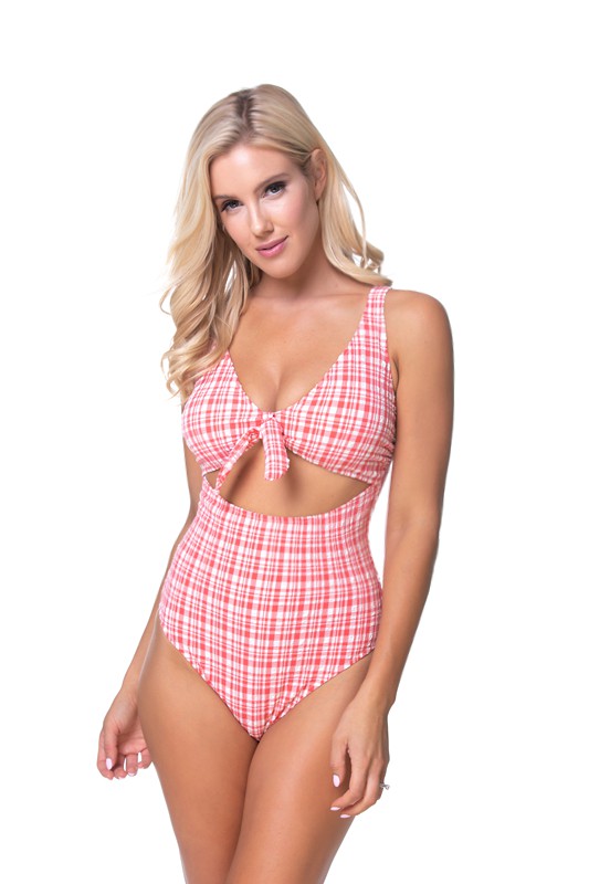 TEEXTURED PLAID CUTOUT ONE PIECE SWIMSUIT Plaid S by Beach Joy Bikini | Fleurcouture