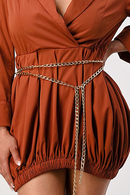 Terracotta Trench Romper with Gold Chain Belt BROWN by Athina | Fleurcouture