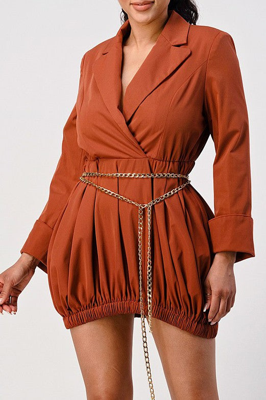 Terracotta Trench Romper with Gold Chain Belt BROWN S by Athina | Fleurcouture