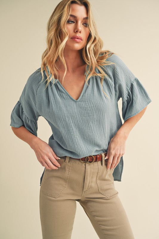 Tes 3/4 Sleeve Ruffle Top PALE BLUE S by Aemi + Co | Fleurcouture