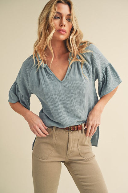 Tes 3/4 Sleeve Ruffle Top PALE BLUE S by Aemi + Co | Fleurcouture