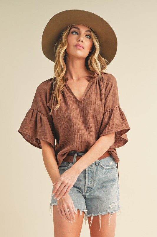 Tes 3/4 Sleeve Ruffle Top S by Aemi + Co | Fleurcouture