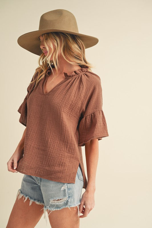 Tes 3/4 Sleeve Ruffle Top S by Aemi + Co | Fleurcouture