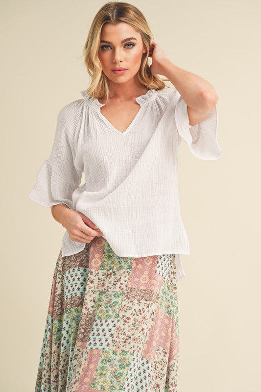Tes 3/4 Sleeve Ruffle Top S by Aemi + Co | Fleurcouture