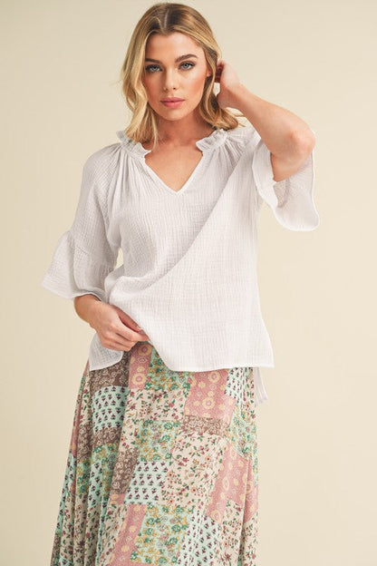 Tes 3/4 Sleeve Ruffle Top S by Aemi + Co | Fleurcouture
