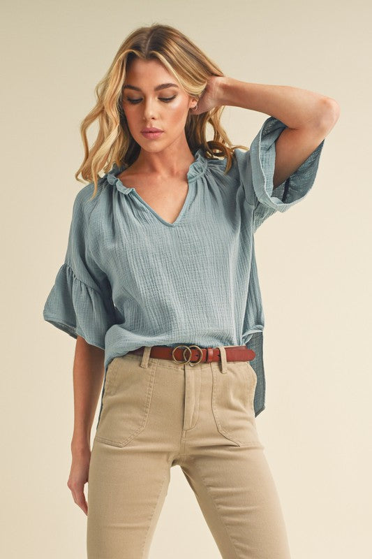 Tes 3/4 Sleeve Ruffle Top S by Aemi + Co | Fleurcouture