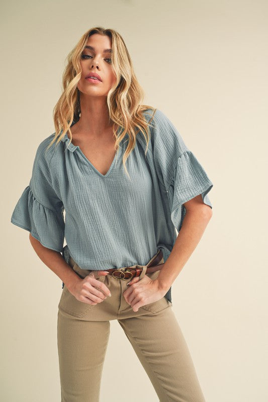 Tes 3/4 Sleeve Ruffle Top S by Aemi + Co | Fleurcouture