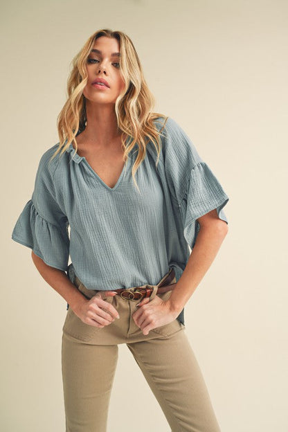 Tes 3/4 Sleeve Ruffle Top S by Aemi + Co | Fleurcouture