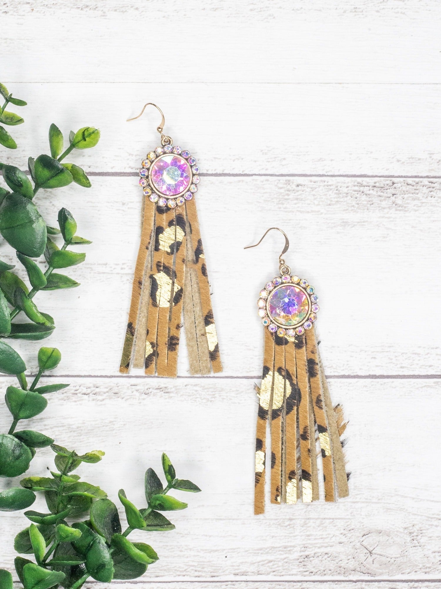 Texas Chica Floral Iridescent Crystal Leopard Fringe Earrings LEOPARD One Size Earrings by Southern Grace Retail | Fleurcouture