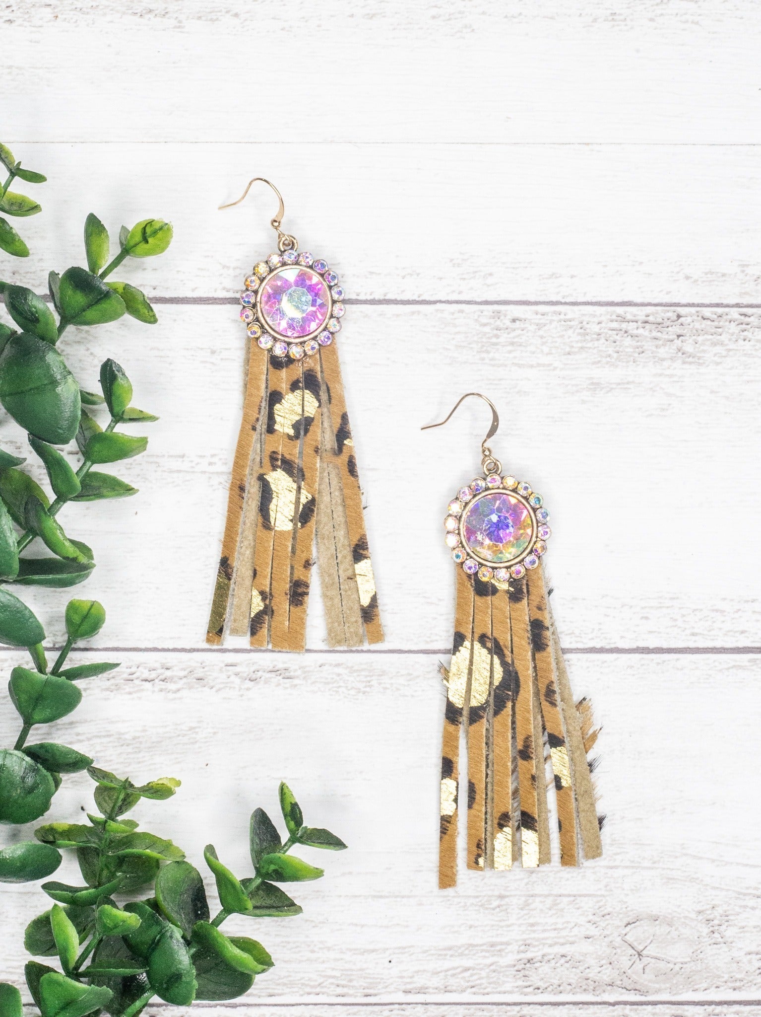 Texas Chica Floral Iridescent Crystal Leopard Fringe Earrings LEOPARD One Size Earrings by Southern Grace Retail | Fleurcouture