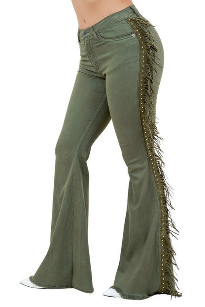 Texas Sun Bell Bottom in Olive olive 3 by GJG Denim | Fleurcouture