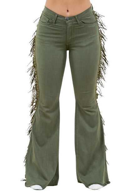 Texas Sun Bell Bottom in Olive olive by GJG Denim | Fleurcouture