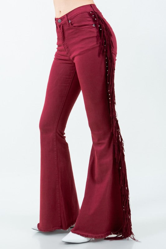 Texas Sun Fringe Bell Bottom Wine - Inseam 30 burgundy 3 by GJG Denim | Fleurcouture