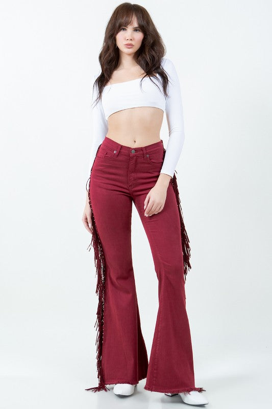 Texas Sun Fringe Bell Bottom Wine - Inseam 30 burgundy by GJG Denim | Fleurcouture