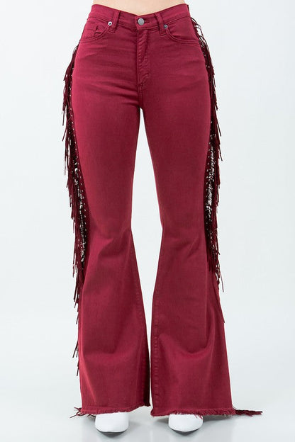 Texas Sun Fringe Bell Bottom Wine - Inseam 30 burgundy by GJG Denim | Fleurcouture