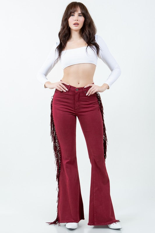 Texas Sun Fringe Bell Bottom Wine - Inseam 30 burgundy by GJG Denim | Fleurcouture