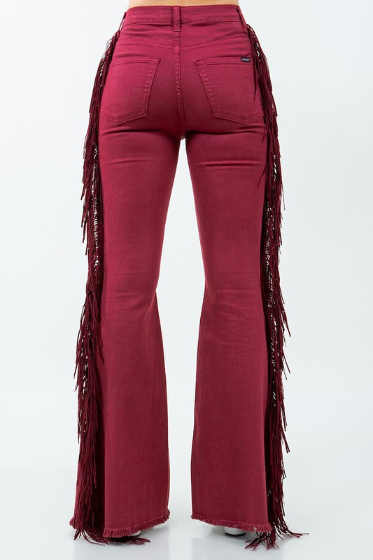 Texas Sun Fringe Bell Bottom Wine - Inseam 30 burgundy by GJG Denim | Fleurcouture