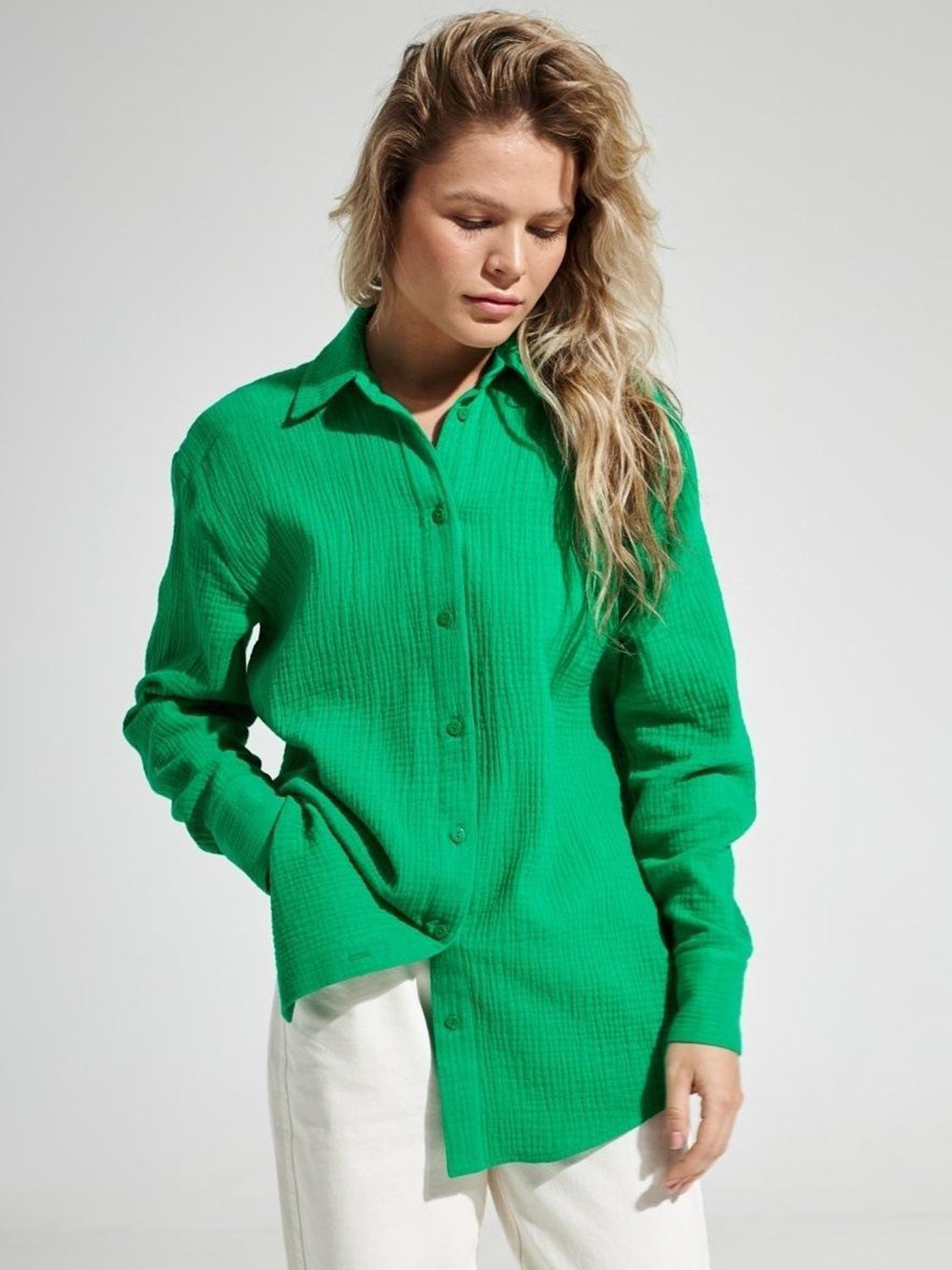 Textured Collared Neck Long Sleeve Shirt Mid Green S Tops by Trendsi | Fleurcouture