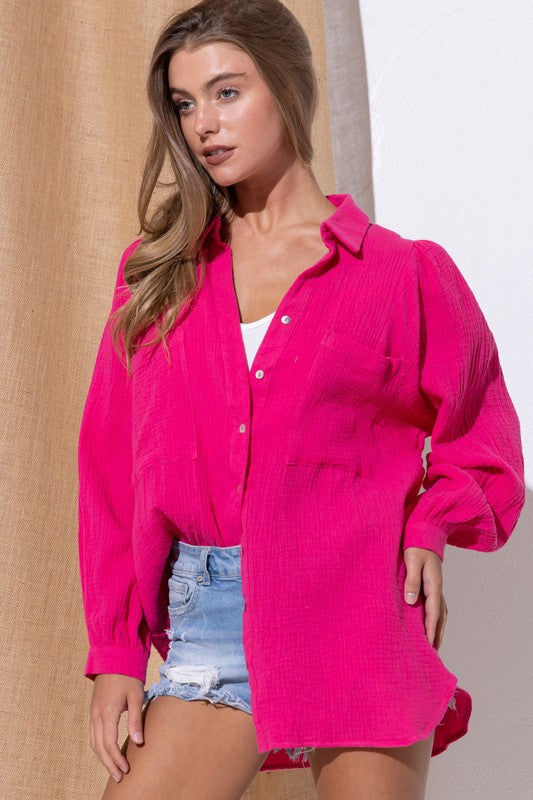 TEXTURED GAUZE BUTTON DOWN PUFF SLEEVES BLOUSE TOP by Sweet Generis | Fleurcouture