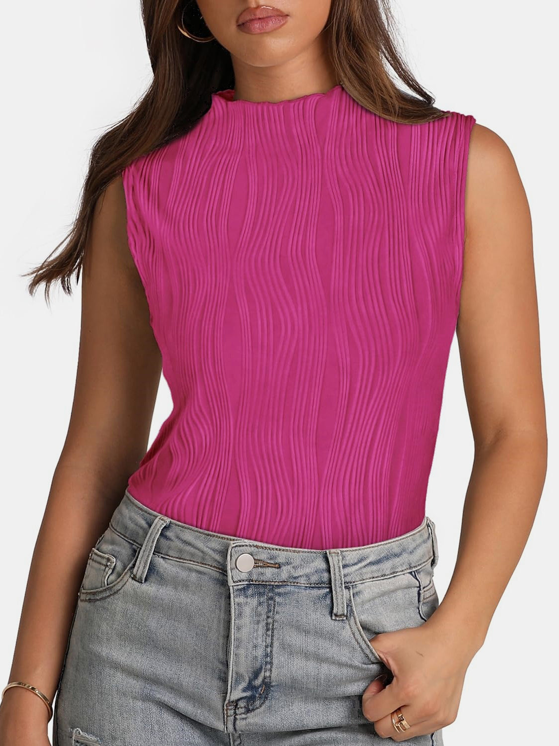 Textured Mock Neck Tank Cerise S Tops/Tank Tops by Trendsi | Fleurcouture