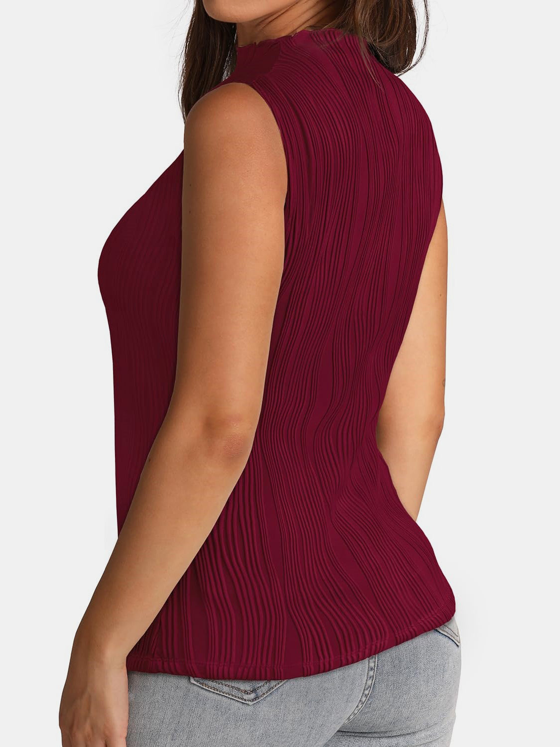 Textured Mock Neck Tank Wine S Tops/Tank Tops by Trendsi | Fleurcouture