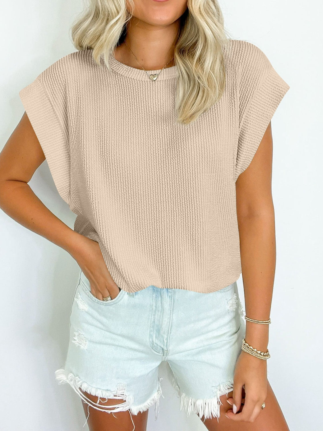 Textured Round Neck Cap Sleeve Blouse Beige S Tops by Trendsi | Fleurcouture