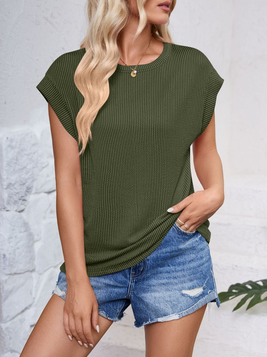 Textured Round Neck Cap Sleeve Blouse Tops by Trendsi | Fleurcouture