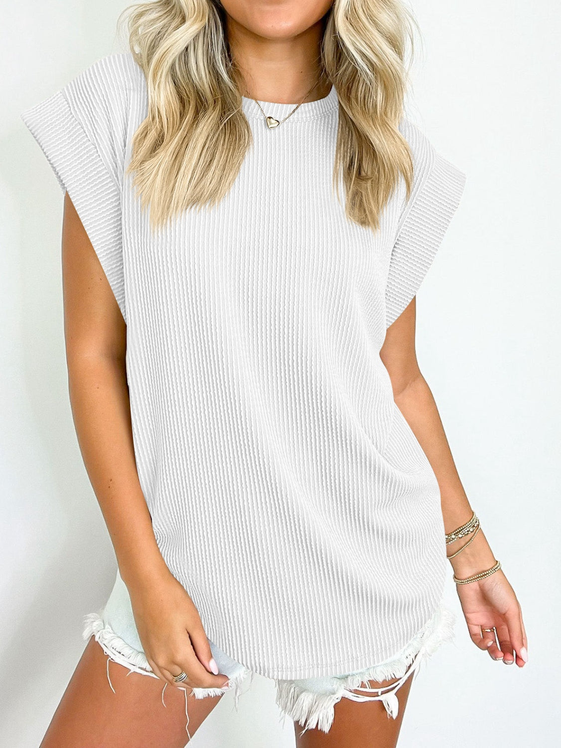 Textured Round Neck Cap Sleeve Blouse White S Tops by Trendsi | Fleurcouture