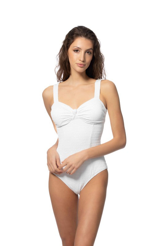 TEXTURED SOLID ONE PIECE SWIMSUIT WITH KNOT FRONT White S by Beach Joy Bikini | Fleurcouture