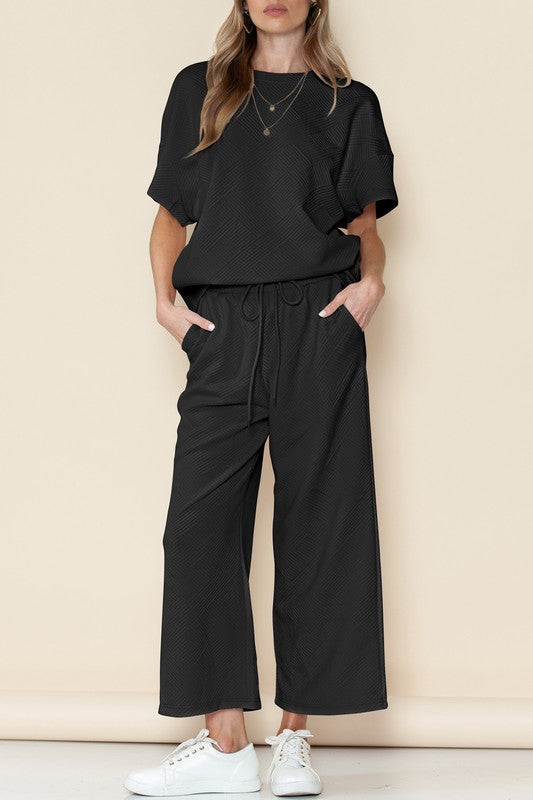 Textured T Shirt and Drawstring Pants Set black SW625264-2 S by SHEWIN INC. | Fleurcouture