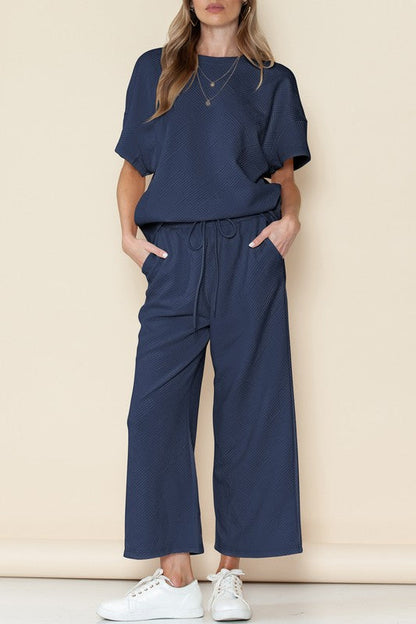 Textured T Shirt and Drawstring Pants Set blue SW625264-P605 S by SHEWIN INC. | Fleurcouture