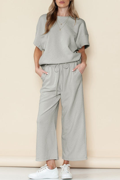 Textured T Shirt and Drawstring Pants Set by SHEWIN INC. | Fleurcouture