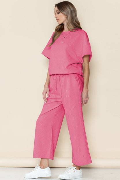 Textured T Shirt and Drawstring Pants Set by SHEWIN INC. | Fleurcouture