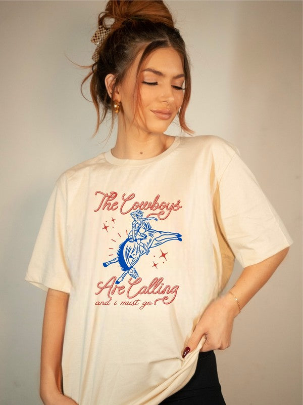 The Cowboys Are Calling and I Must Go Graphic Tee Cream L by Ocean and 7th | Fleurcouture