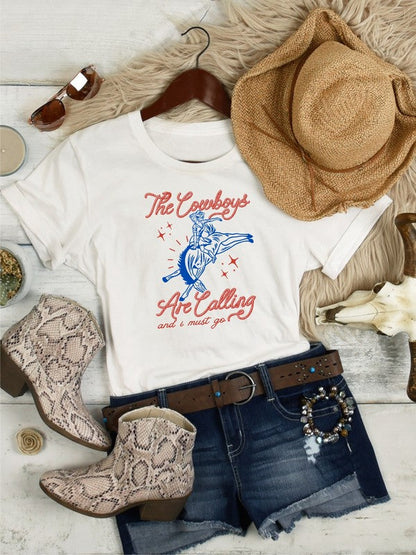 The Cowboys Are Calling and I Must Go Graphic Tee White L by Ocean and 7th | Fleurcouture