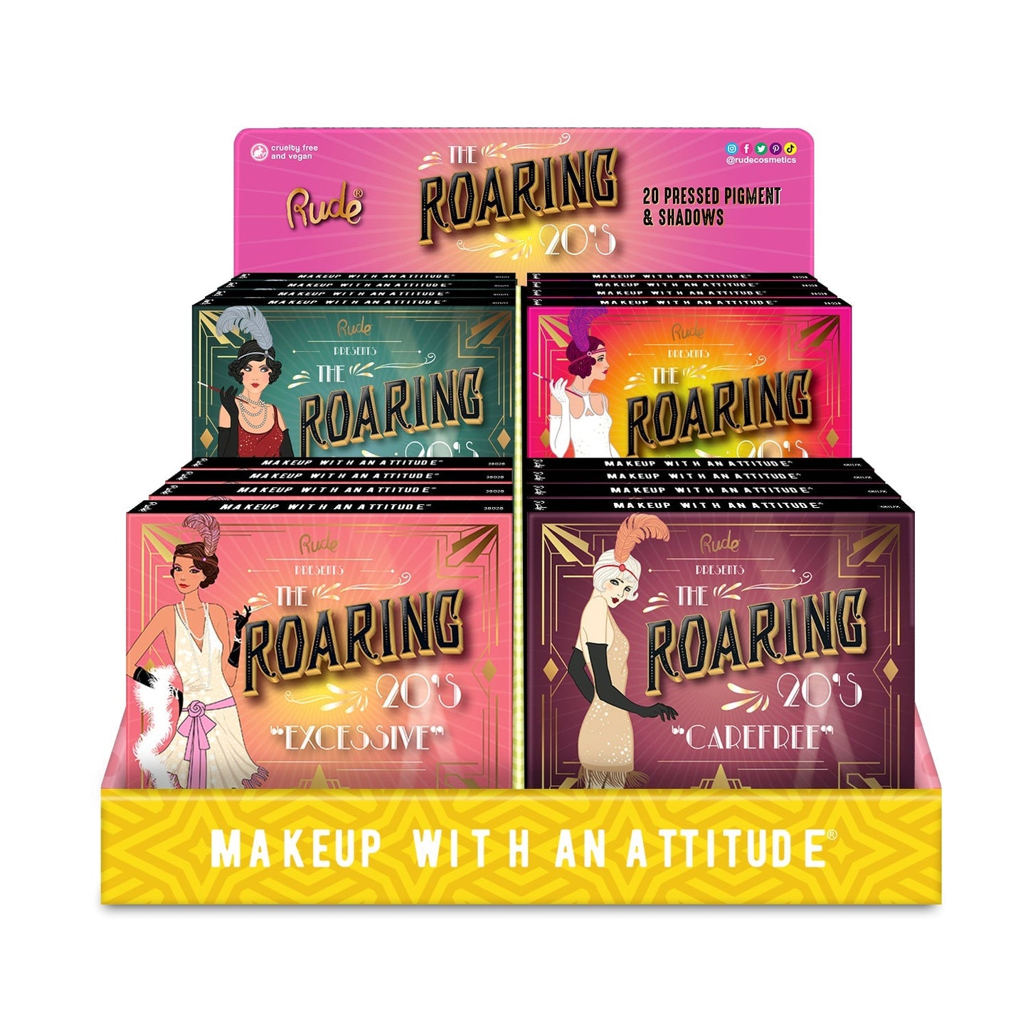 The Roaring 20's Eyeshadow Palette Cardboard Display Set, 24 pcs Wholesale Set by Rude Cosmetics | Fleurcouture