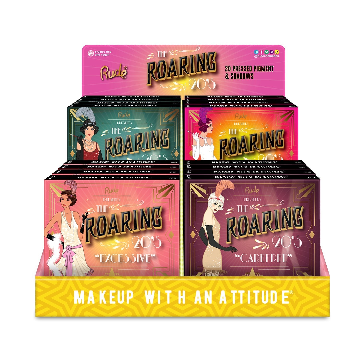 The Roaring 20's Eyeshadow Palette Cardboard Display Set, 24 pcs Wholesale Set by Rude Cosmetics | Fleurcouture