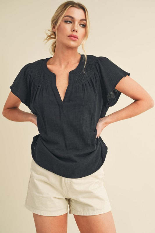 Thia Embroidered Short Sleeve Top BLACK S by Aemi + Co | Fleurcouture