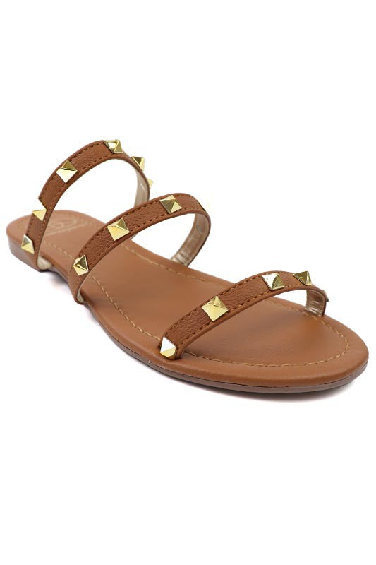 Three strap Studded Sandal Tan 6 by Miami Shoe Wholesale | Fleurcouture