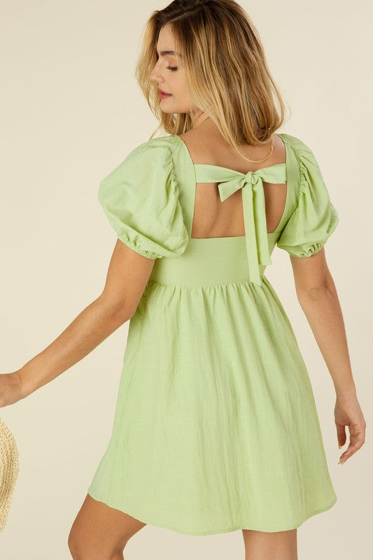 Tie back dress with puff sleeves Green by Lilou | Fleurcouture