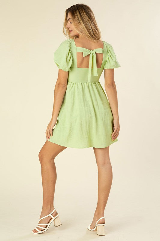 Tie back dress with puff sleeves Green by Lilou | Fleurcouture