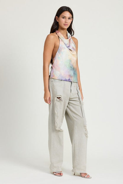 TIE DYE COWL NECK TOP MULTI PEACH by Emory Park | Fleurcouture