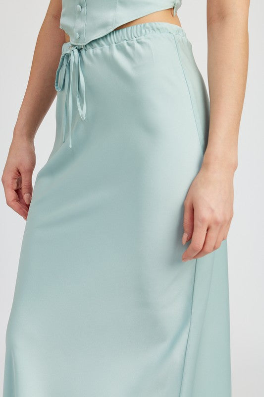 TIE FRONT SATIN MIDI SKIRT LT SEAGREEN by Emory Park | Fleurcouture