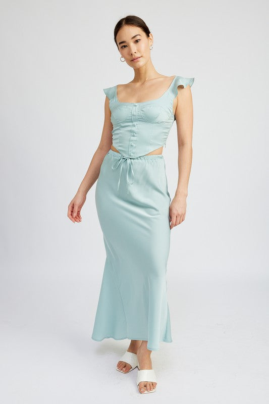 TIE FRONT SATIN MIDI SKIRT LT SEAGREEN by Emory Park | Fleurcouture