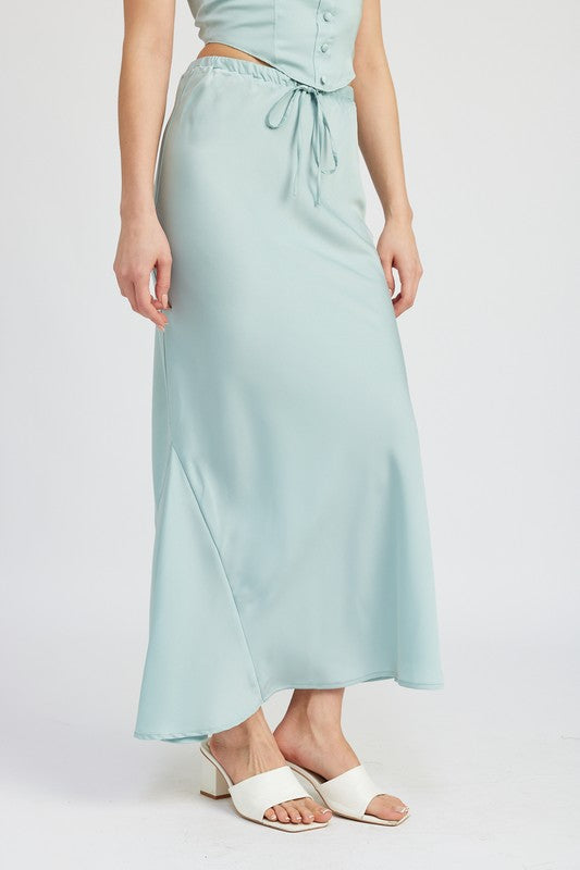 TIE FRONT SATIN MIDI SKIRT LT SEAGREEN by Emory Park | Fleurcouture